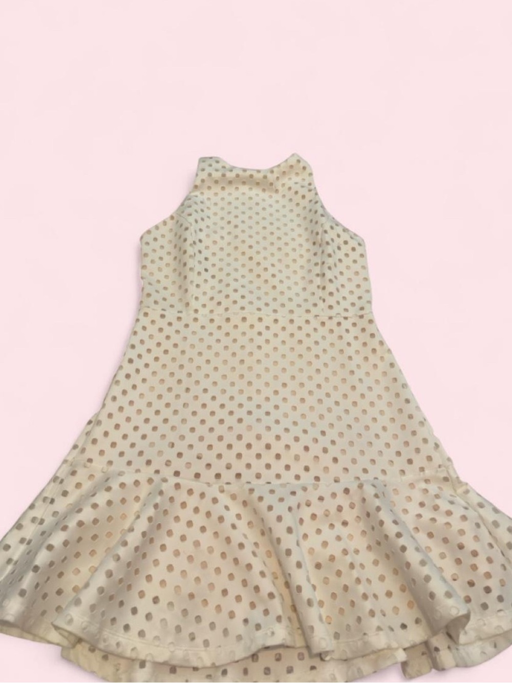 Etiquette ivory nude polka dot fit flare dress with ruffle hem and strappy back